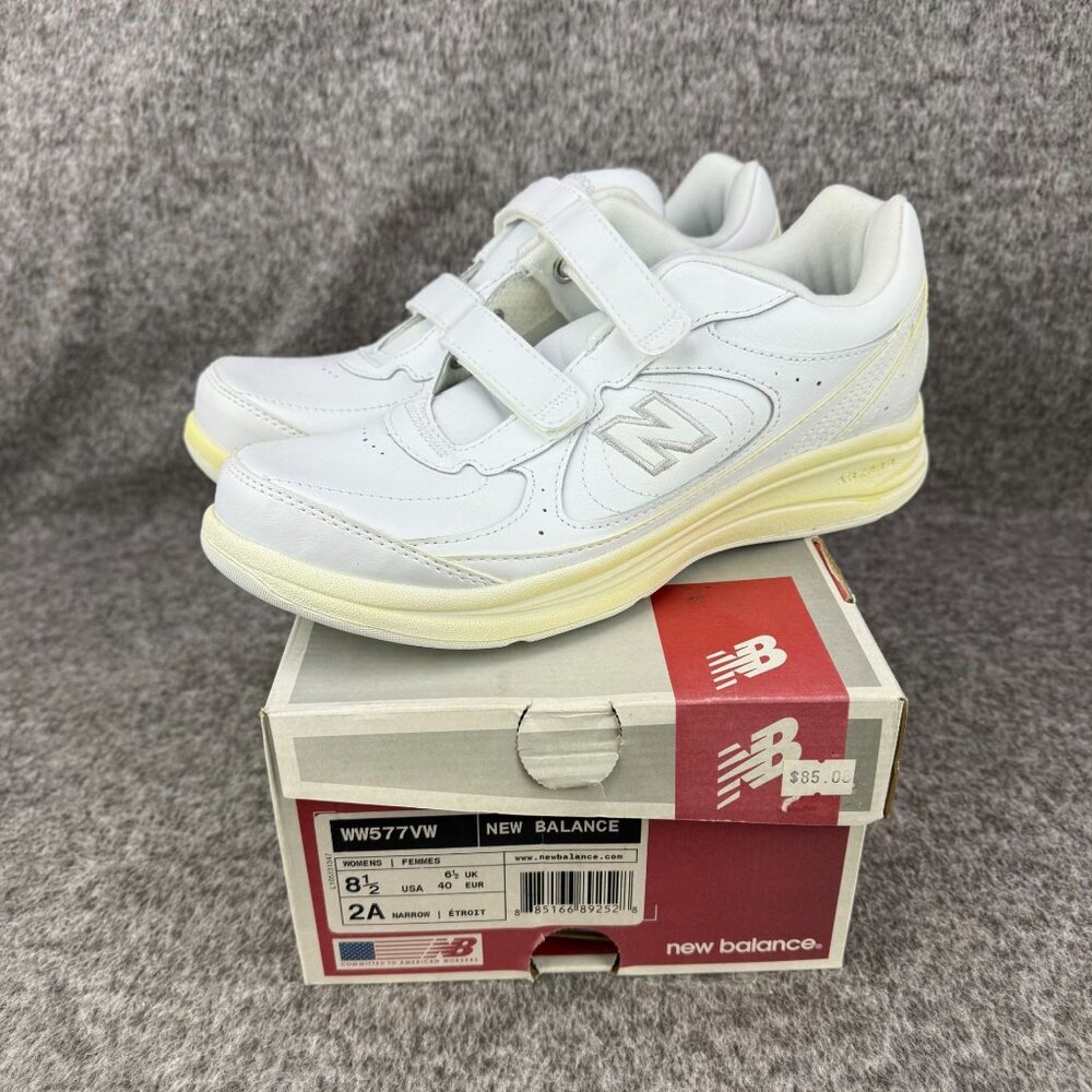 ✅Womens 8.5 2A New Balance 577 Sneakers White Leather Hook N' Loop Comfort Shoes